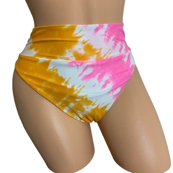NWT AERIE HIGH RISE SWIM Bikini BOTTOMS WHITE PINK ORANGE Women's XS Tie Dye New - Picture 2 of 7
